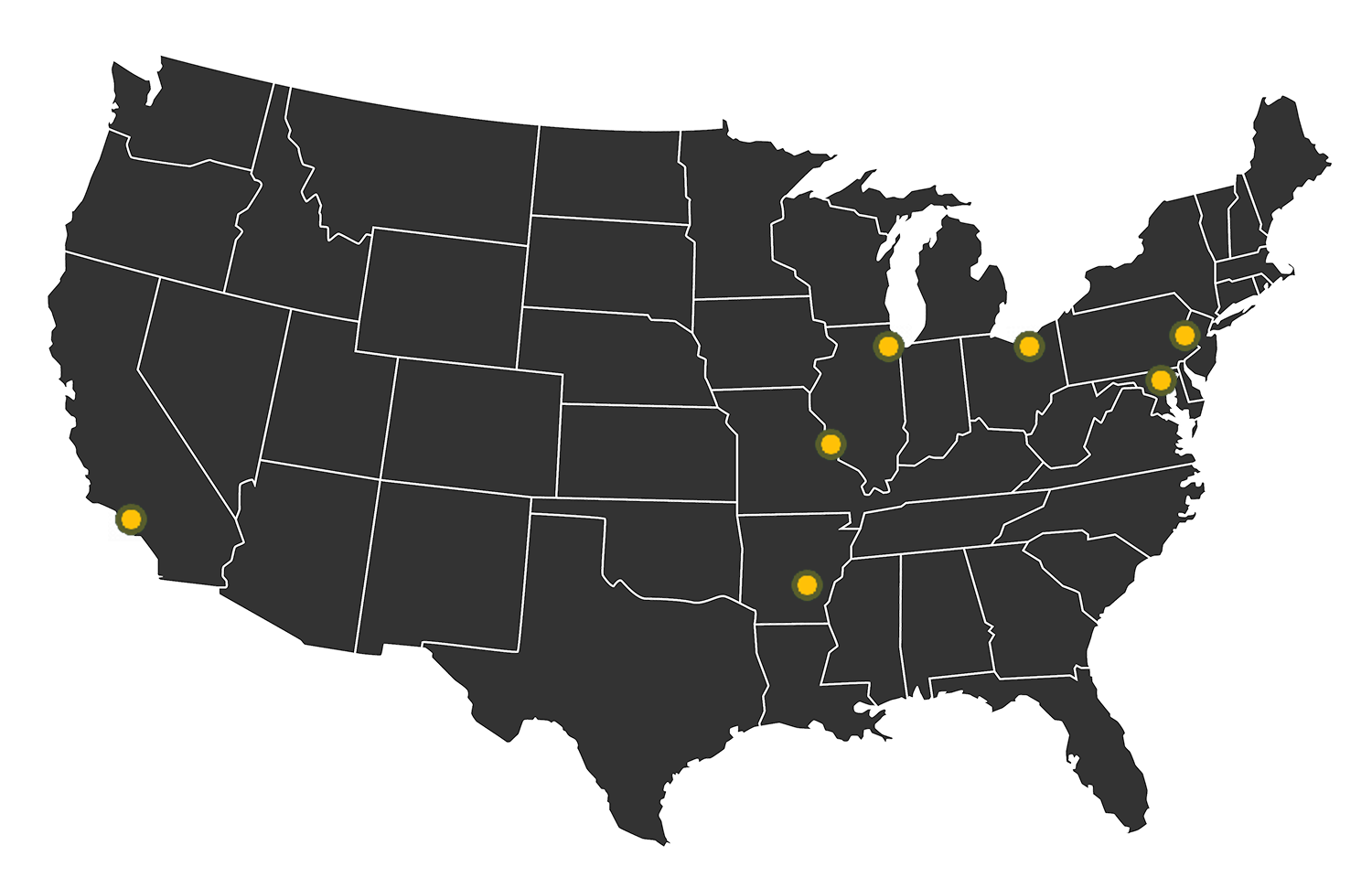 Map of United States showing reached city locations